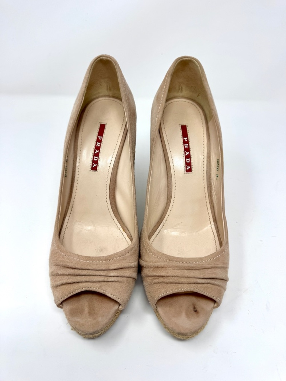 Prada Beige Suede Cork Wedge Peep-Toe Espadrille Pumps - Picture 6 of 14